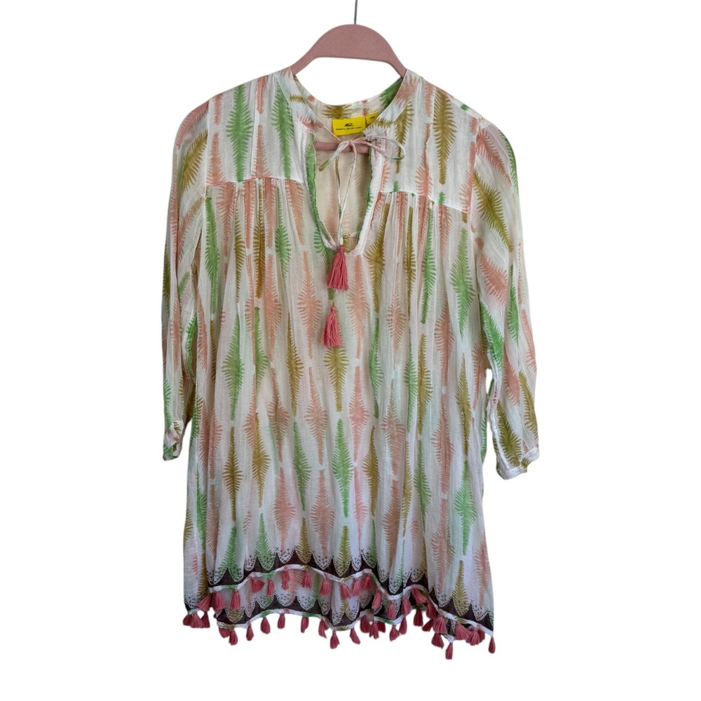 Roberta Roller Rabbit Tunic Top Women XXS Cotton Tassel Hem Abstract Fern Print